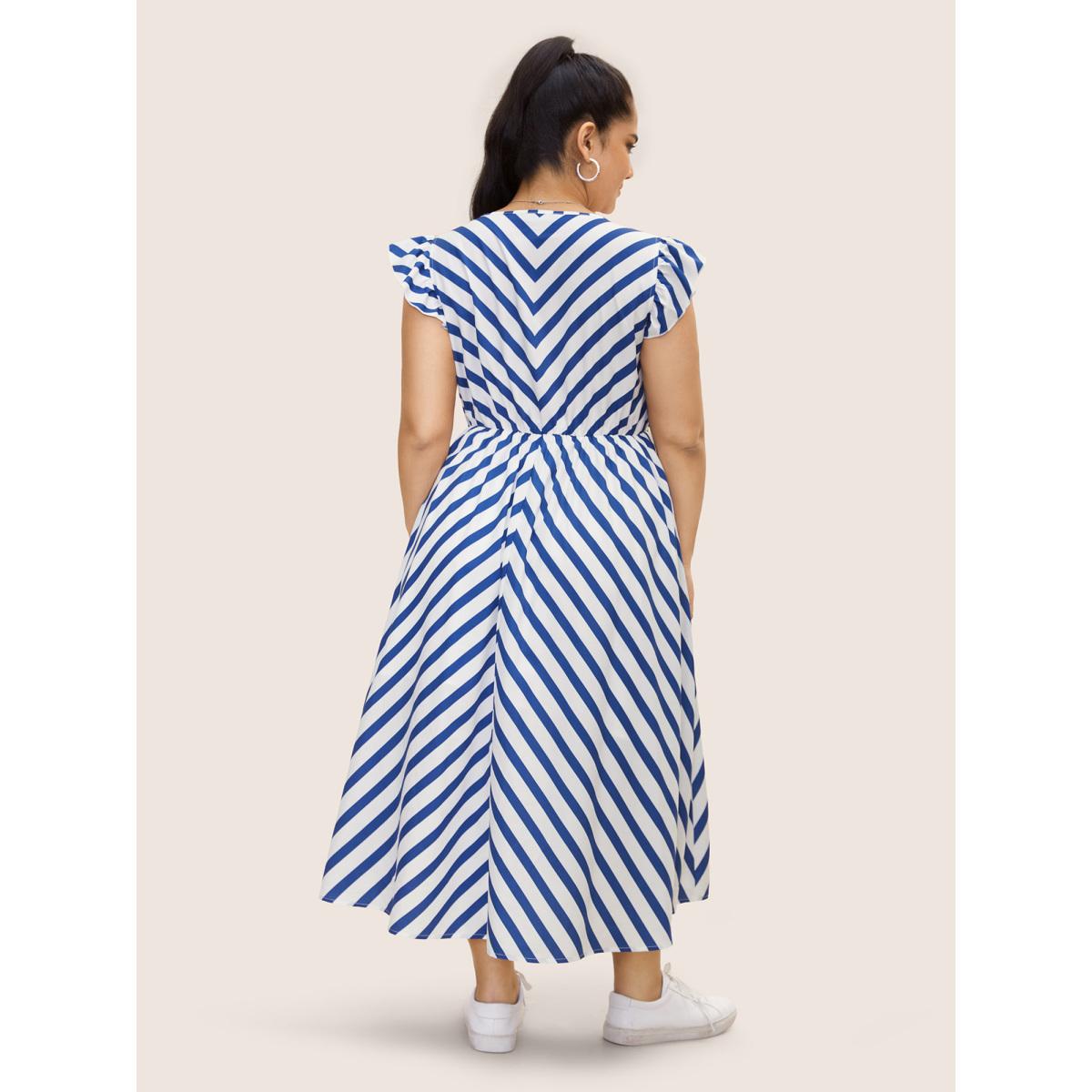 Plus Size Striped Elastic Waist Ruffle Cap Sleeve Dress DarkBlue Women Casual Ruffles V-neck Cap Sleeve Curvy BloomChic 14-16/1X Product Image
