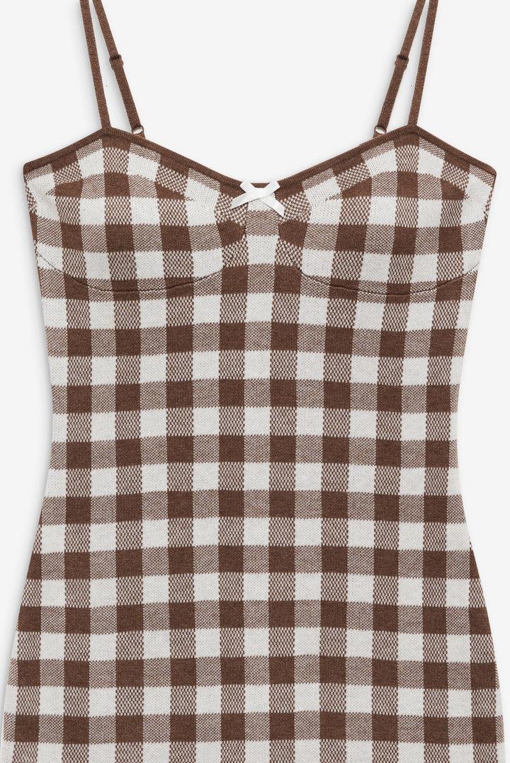 Gingham Knit Mini Dress — Brown Product Image