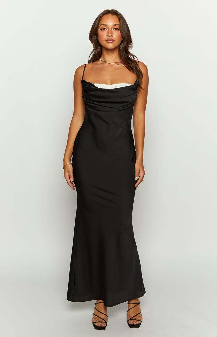 Evelyn Lace Detail Black Satin Maxi Dress Product Image