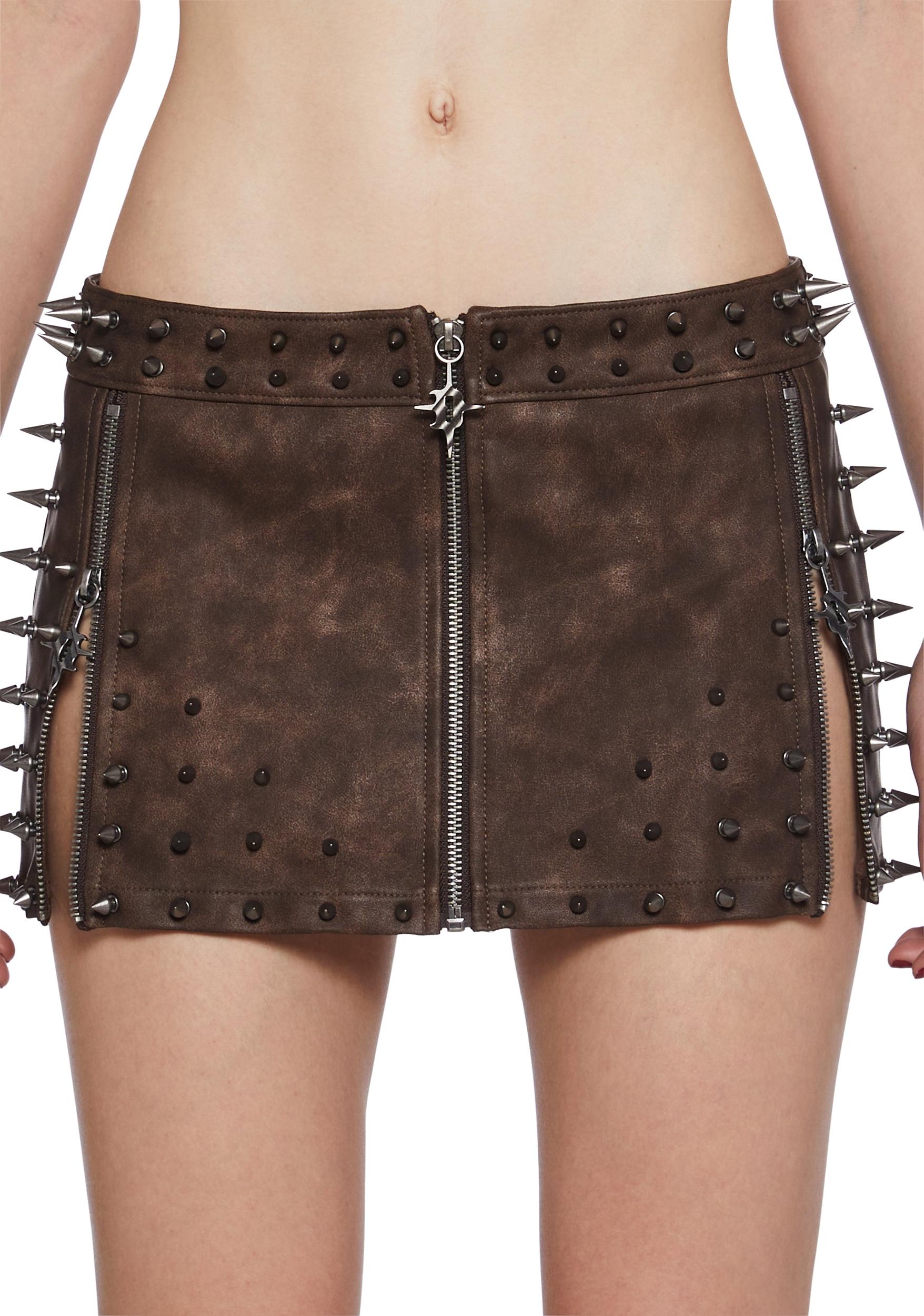 Womens Vegan Leather Spiked Mini Skirt With Zippers Darker Wavs - Brown Product Image