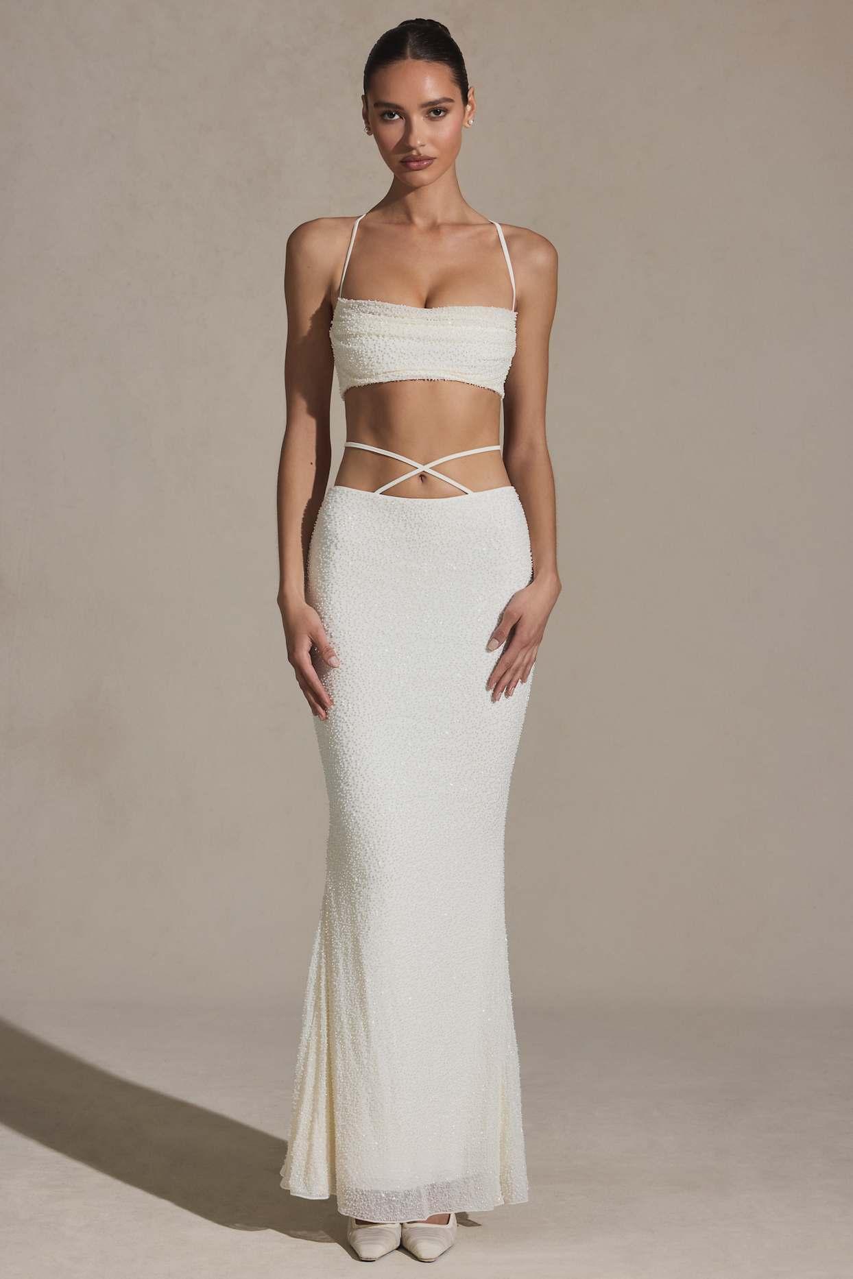 Embellished Strappy Maxi Skirt in White Product Image