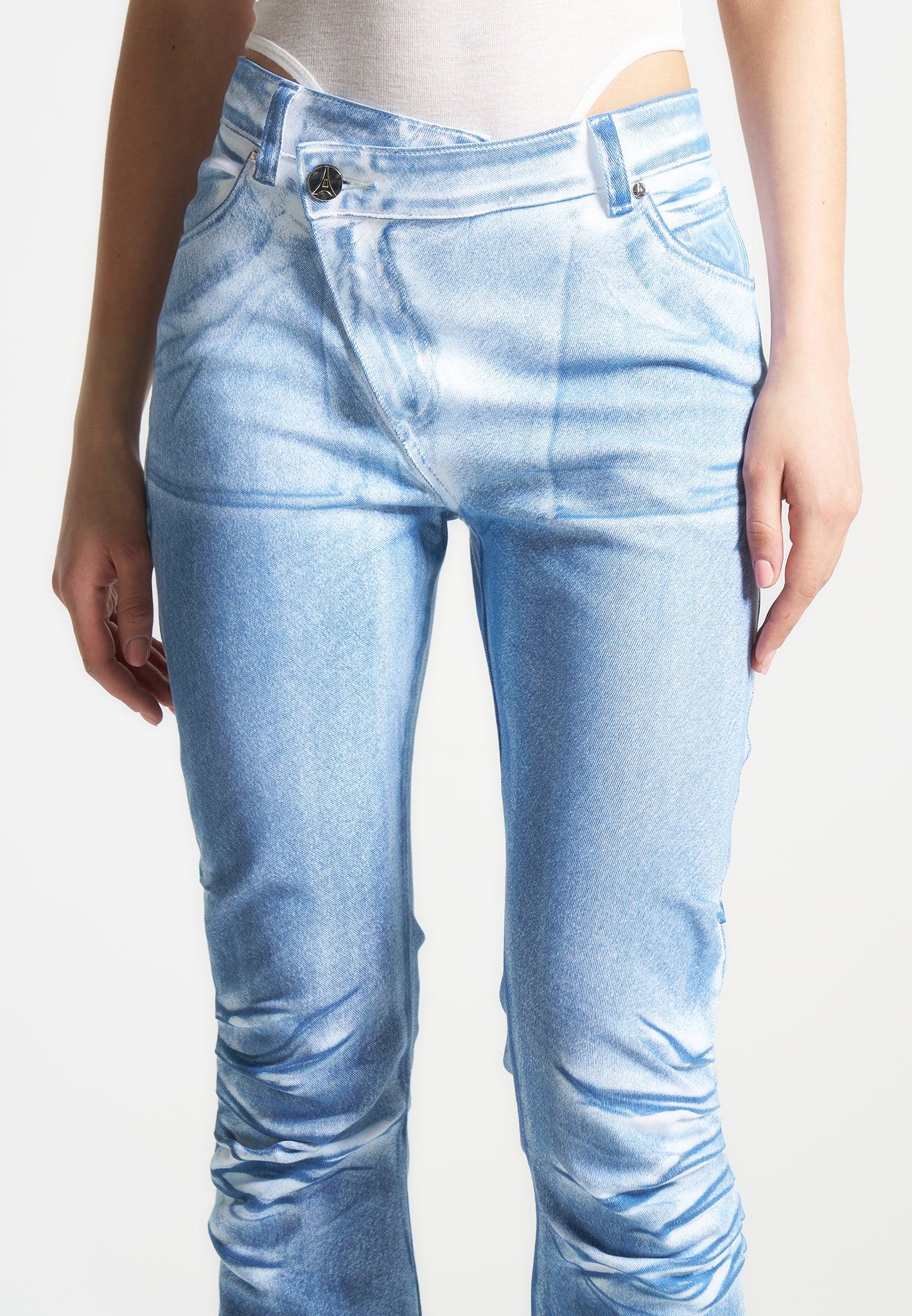 Denim Effect Tacked Fit and Flare Jeans - White/Blue Female Product Image