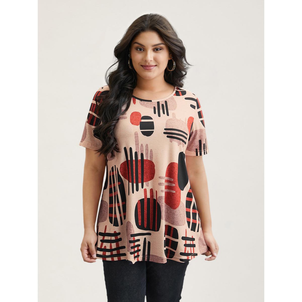 Plus Size Geometric Print Round Neck Fitted T-Shirt Multicolor Women Casual Contrast Round Neck Everyday T-shirts BloomChic 30/6X Product Image