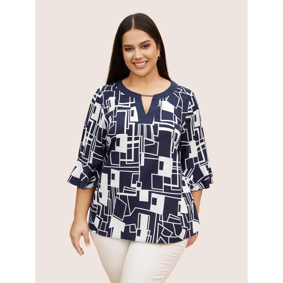 Plus Size Indigo Geometric Keyhole Ruffles Metal Detail Blouse Women At the Office Elbow-length sleeve Round Neck Work Blouses BloomChic 10/M Product Image