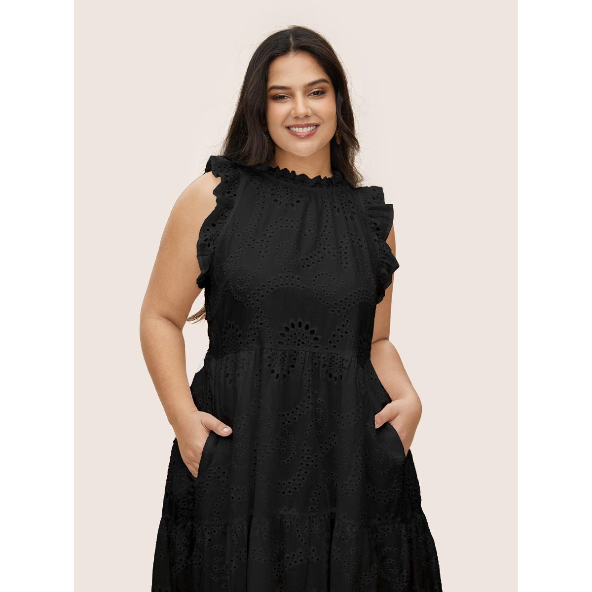 Plus Size Mock Neck Broderie Anglaise Ruffle Trim Dress Black Women Resort Patchwork Round Neck Cap Sleeve Curvy Midi Dress BloomChic 12/L Product Image