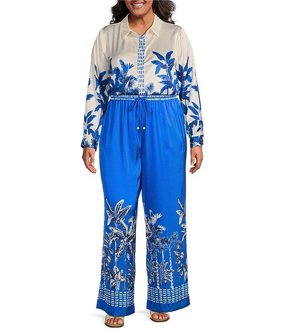 Skies Are Blue Plus Size Border Satin Long Sleeve Woven Coordinating Blouse Product Image