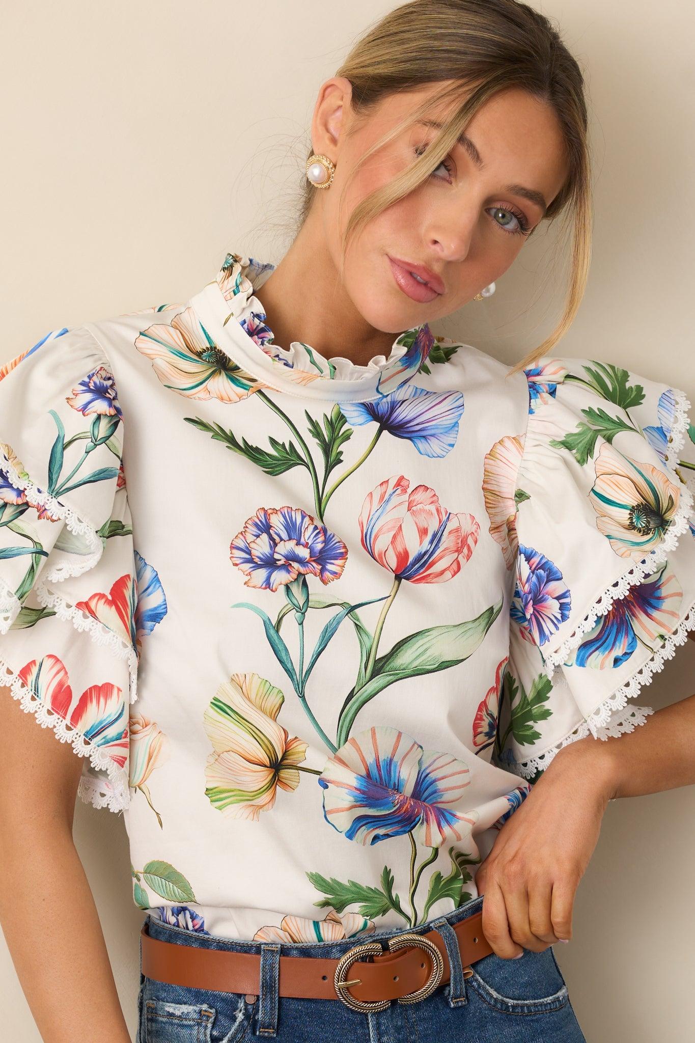 Prosperina Blair Ivory Multi Floral Print Cotton Ruffle Top Product Image