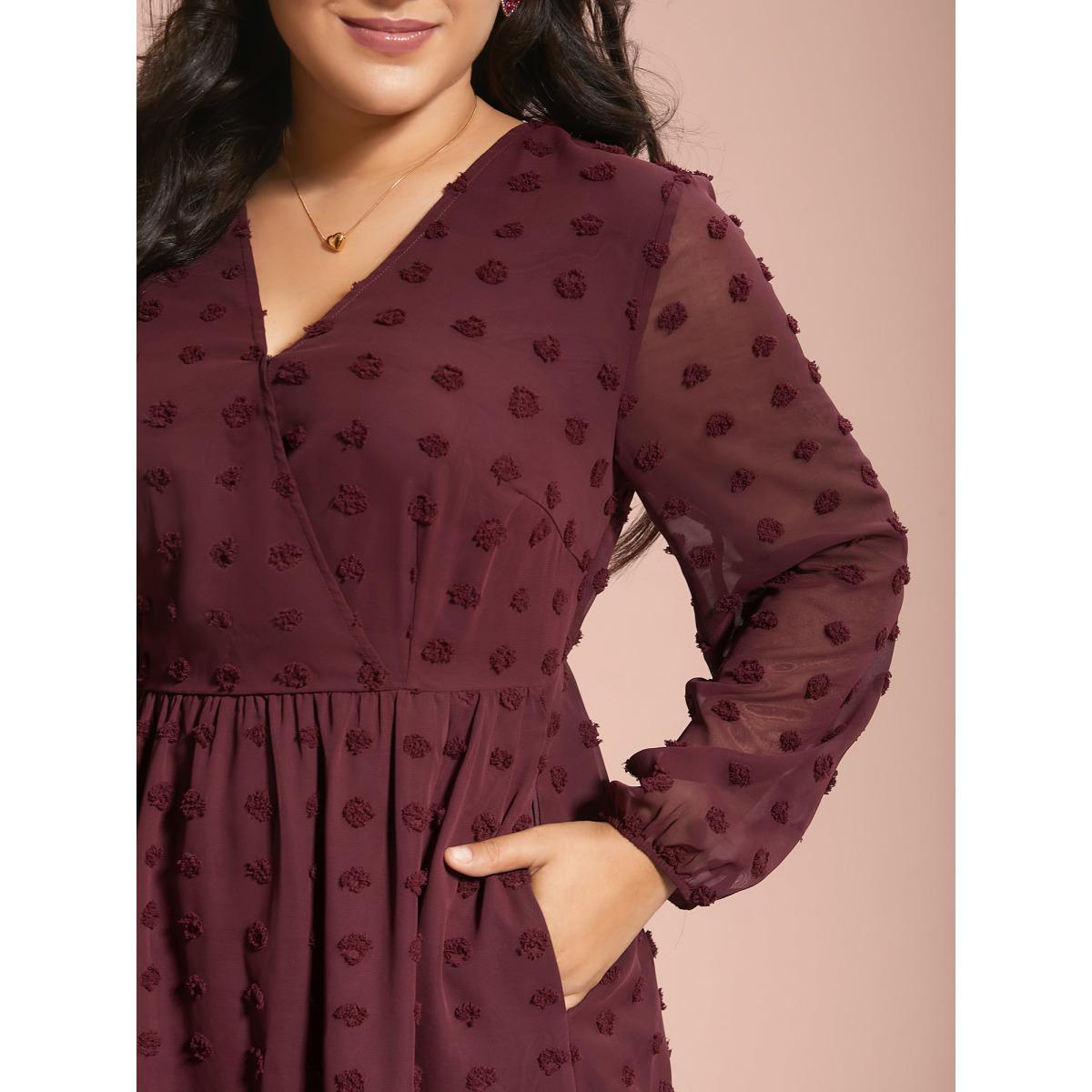 Plus Size Surplice Neck Textured Tiered Dress Burgundy Women Elegant Texture Overlap Collar Long Sleeve Curvy BloomChic 12/L Product Image