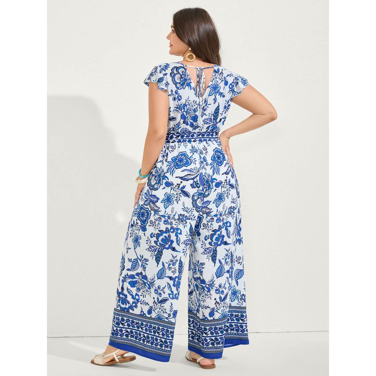 Plus Size Mediumblue Boho Print Surplice Neck Belted Jumpsuit Women Cap Sleeve Overlap Collar Vacation Loose Jumpsuits BloomChic 22-24/3X Product Image