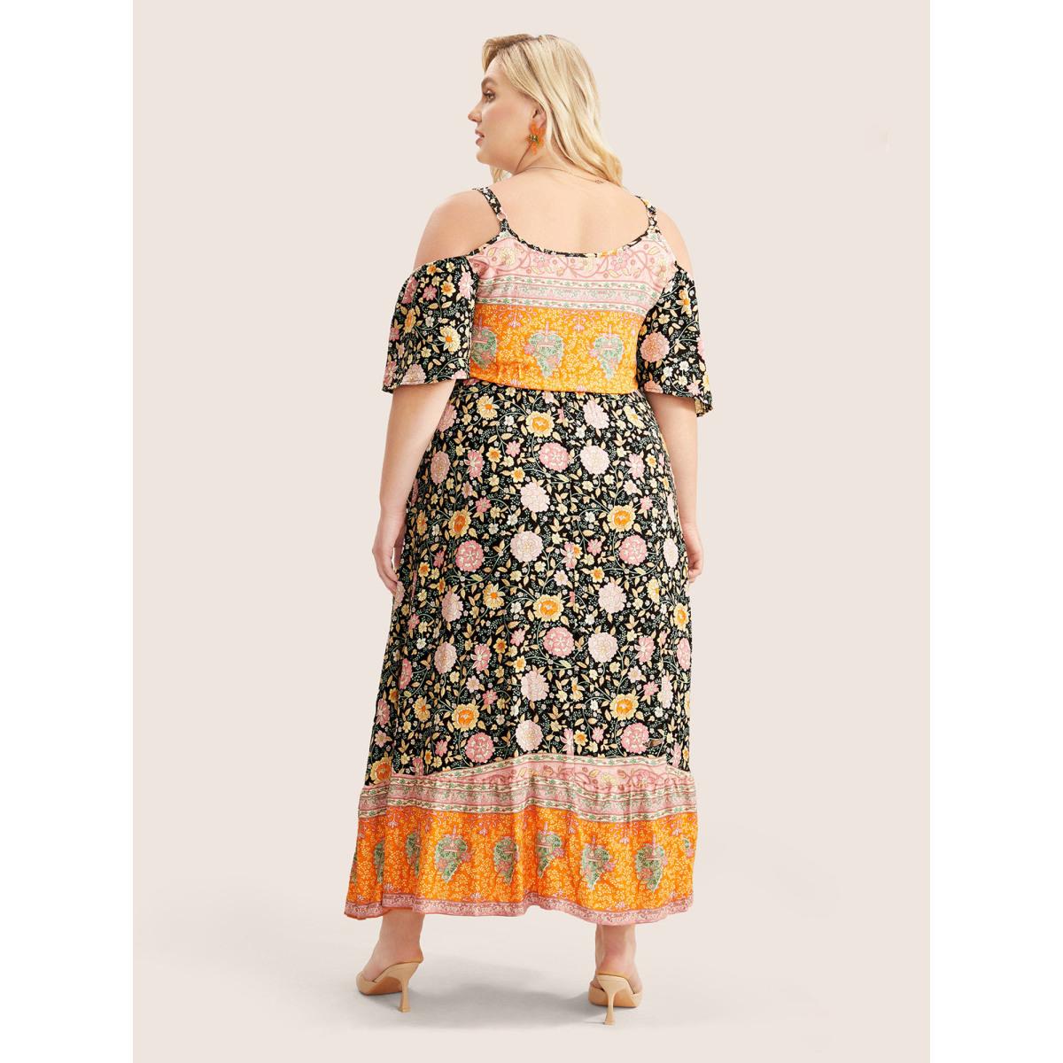 Plus Size Floral Print Pocket Keyhole Ruffles Cold Shoulder Maxi Dress Black Women Boho Non Non Half Sleeve Curvy Long Dress BloomChic 18-20/2X Product Image