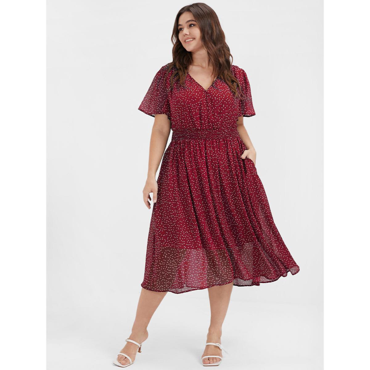 Polka Dot Button Pocket Shirred Ruffles Wrap Dress Product Image