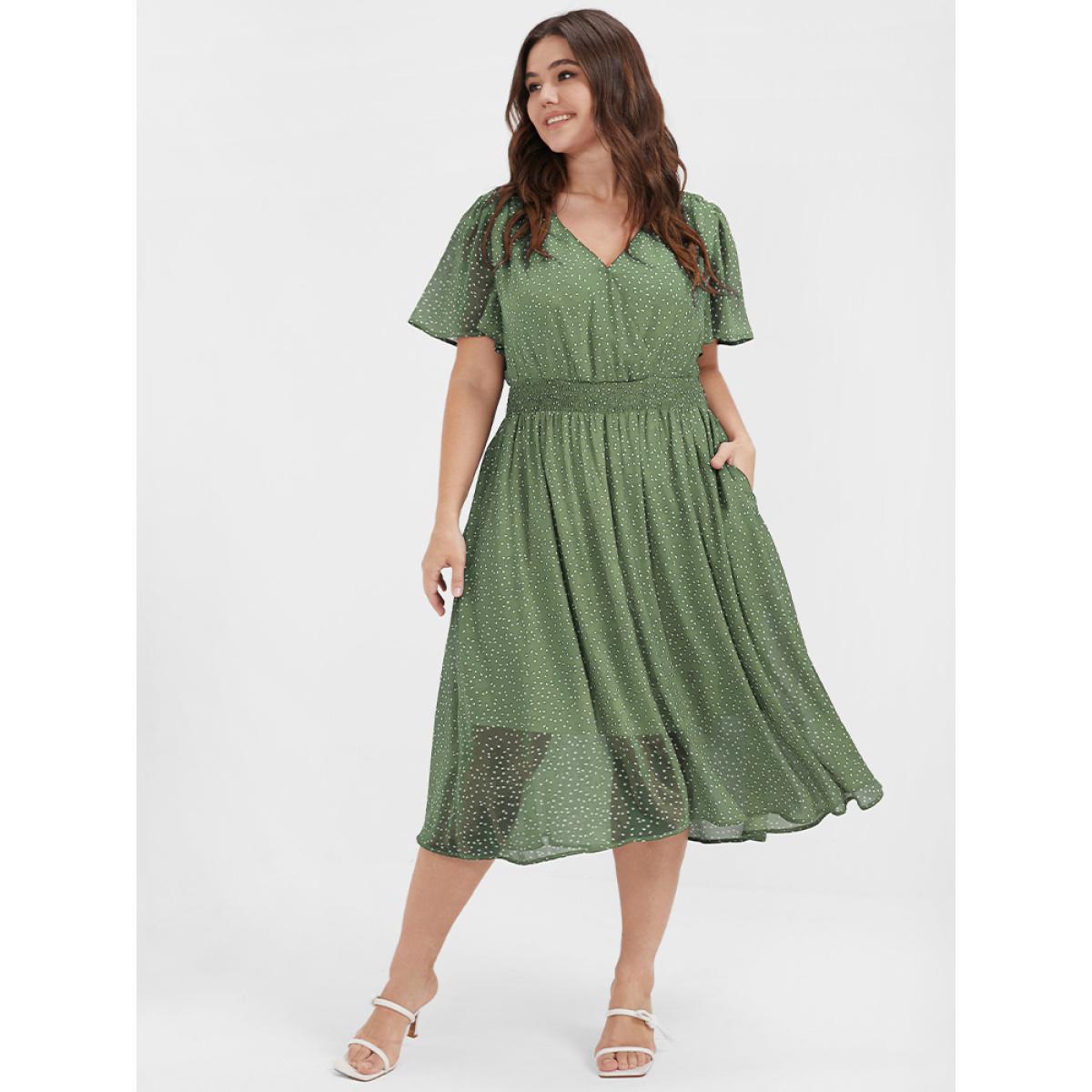 Polka Dot Button Pocket Shirred Ruffles Wrap Dress Product Image