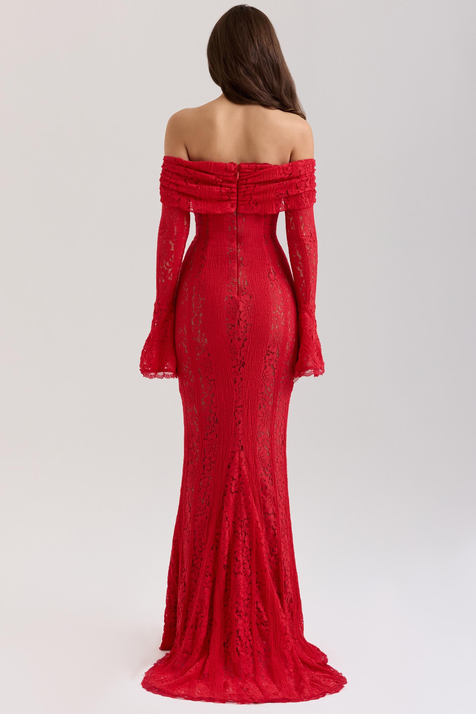 Belle  red off shoulder floral lace maxi dress Product Image