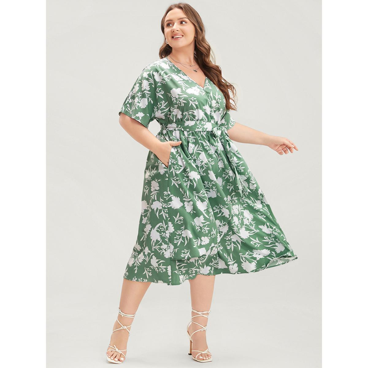 Plus Size Floral Dolman Sleeve Pocket Belted Wrap Asymmetrical Flutter Dress Mint Women Elegant Belted V-neck Half Sleeve Curvy Midi Dress BloomChic 26/4X Product Image