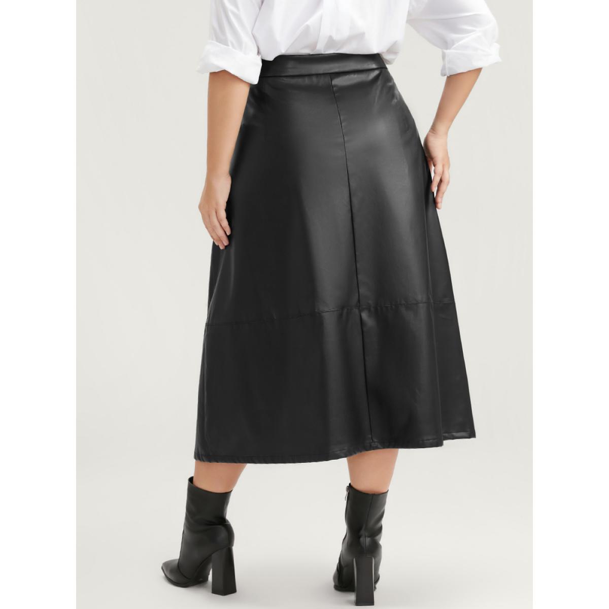 Plus Size PU Leather Button Detail Skirt Women Black Glamour Button Low stretch Going out Skirts BloomChic 26/4X Product Image