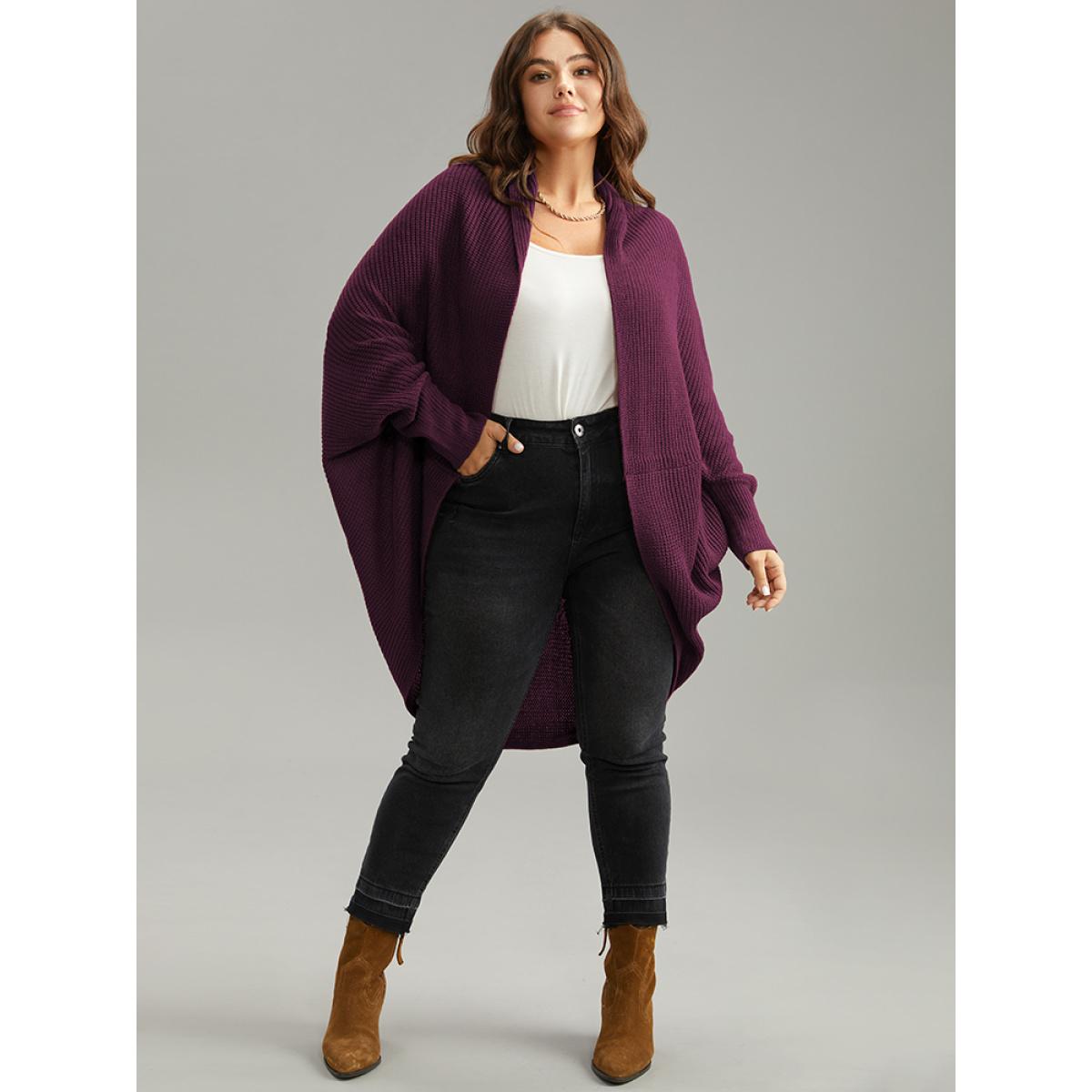 Plus Size Solid Dolman Sleeve Arc Hem Cardigan Burgundy Women Casual Loose Long Sleeve Dailywear Cardigans BloomChic 26/4X Product Image