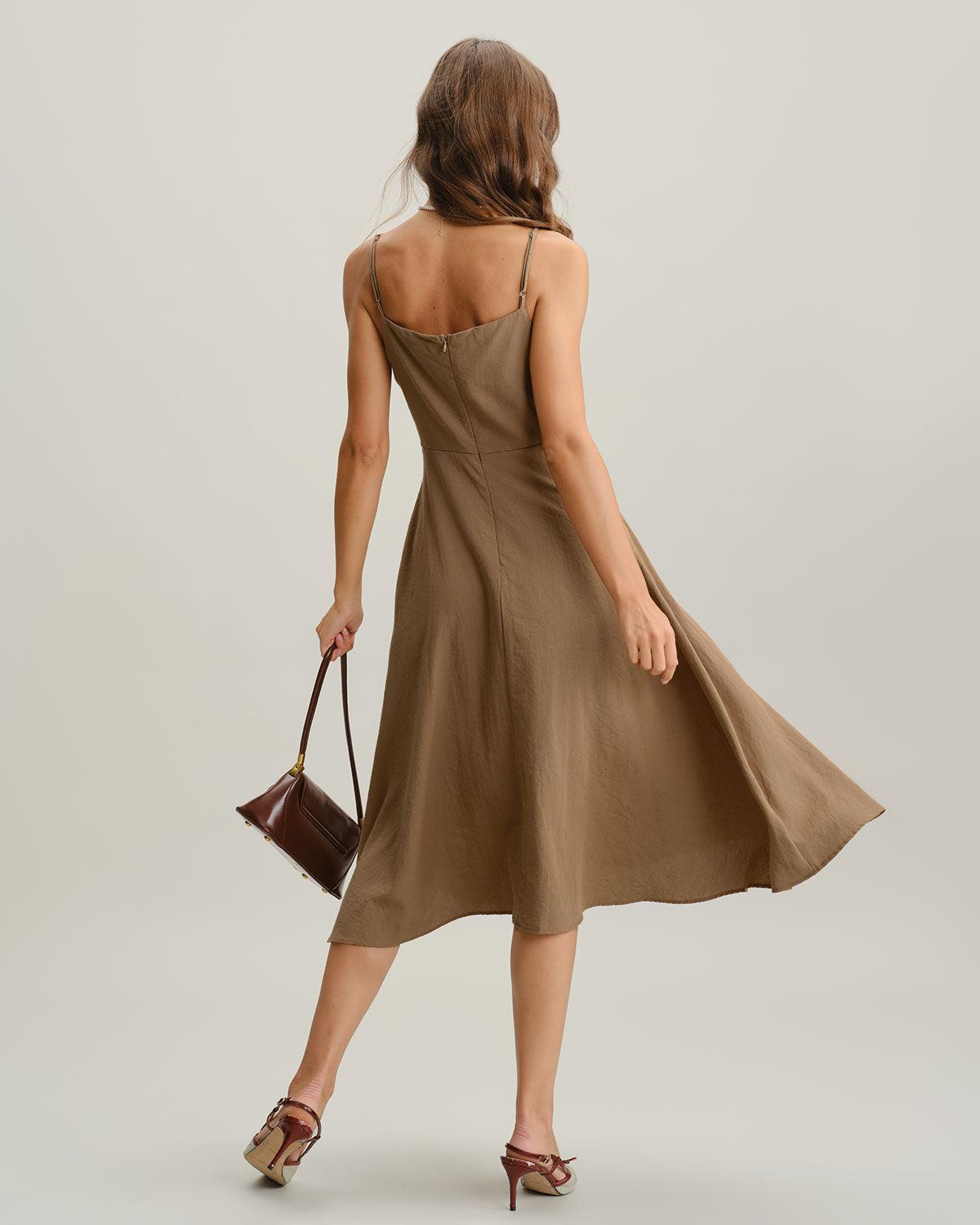 Khaki A-Line Pleated Slip Midi Dress Product Image