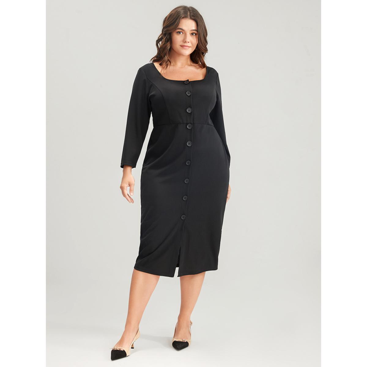 Plus Size Solid Square Neck Button Up Bodycon Midi Dress Black Women Office Button Square Neck Elbow-length sleeve Curvy Midi Dress BloomChic 28/5X Product Image