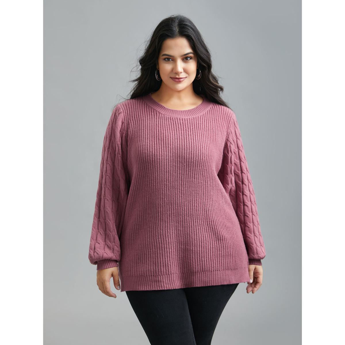 Plus Size Round Neck Textured Cable Knit Pullover Beanpastepowder Women Casual Loose Long Sleeve Round Neck Everyday Pullovers BloomChic 18-20/2X Product Image