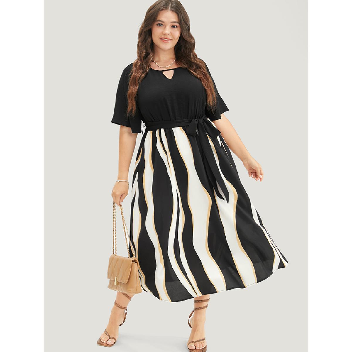 Plus Size Striped Patchwork Ruffle Sleeve Pocket Belted Keyhole Dress Black Women Office Lined Keyhole Cut-Out Short sleeve Curvy Midi Dress BloomChic 26/4X Product Image
