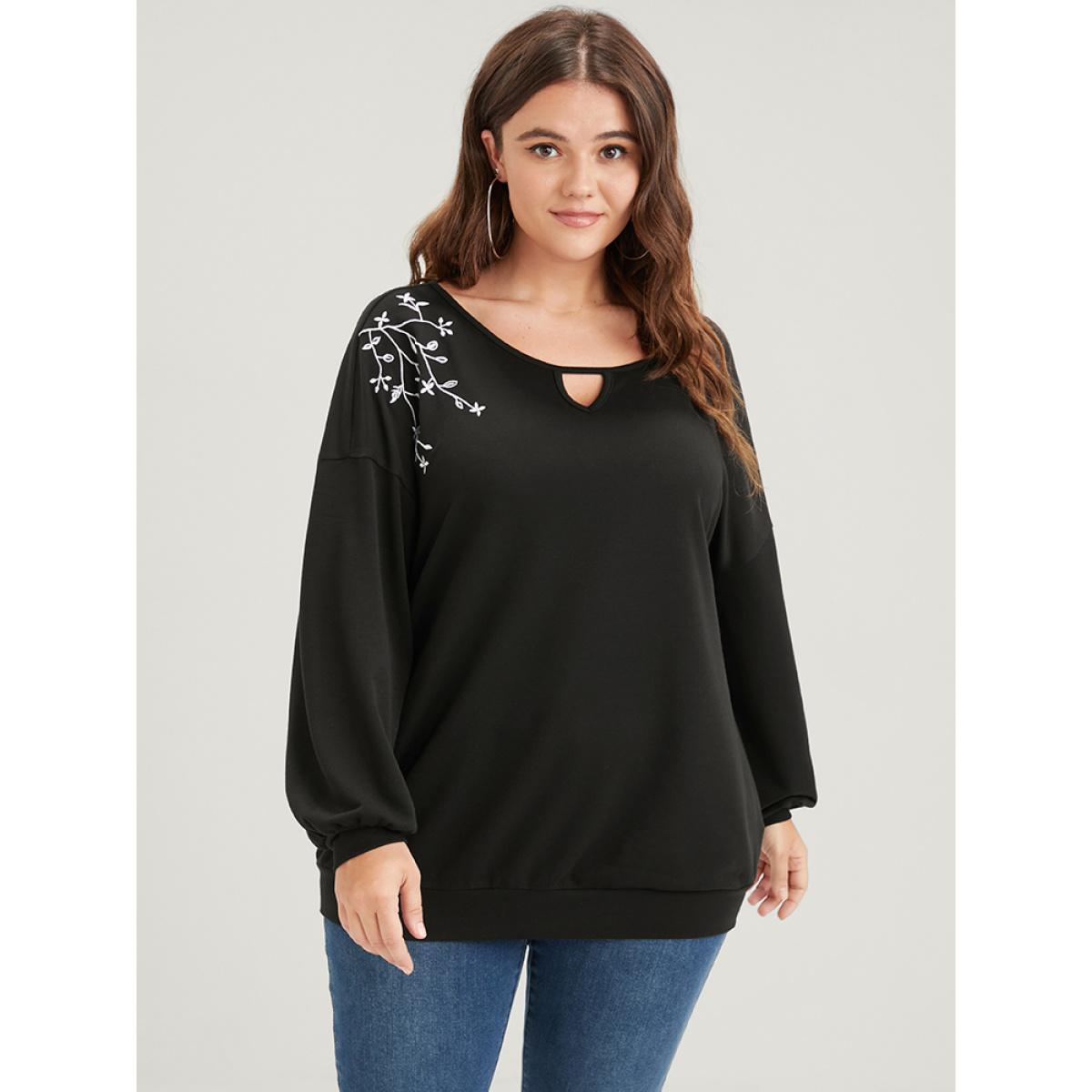 Plus Size Solid Plant Embroidered Keyhole Neck Sweatshirt Women Black Casual Embroidered Loose Round Neck Dailywear Sweatshirts BloomChic 26/4X Product Image