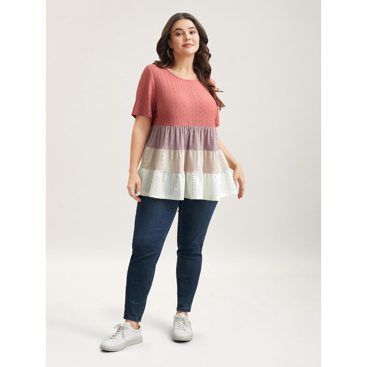 Plus Size Color Contrast Layered Ribbed T-Shirt Multicolor Women Casual Texture Round Neck Everyday T-shirts BloomChic 10/M Product Image
