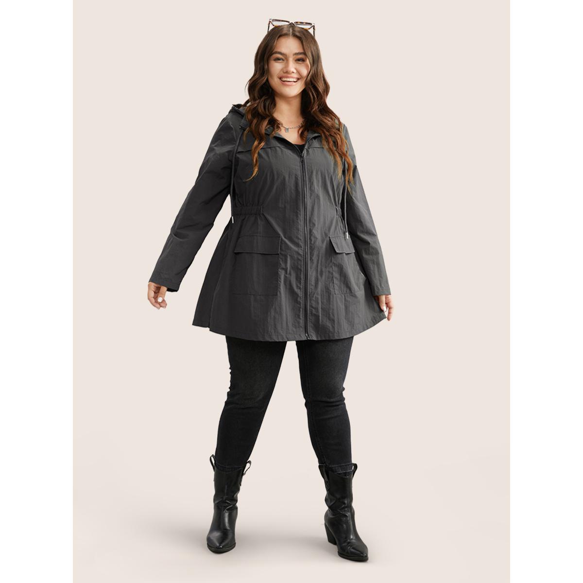 Plus Size Plain Hooded Drawstring Gathered Zipper Jacket Women DimGray Non Patch pocket Everyday Jackets BloomChic 10/M Product Image