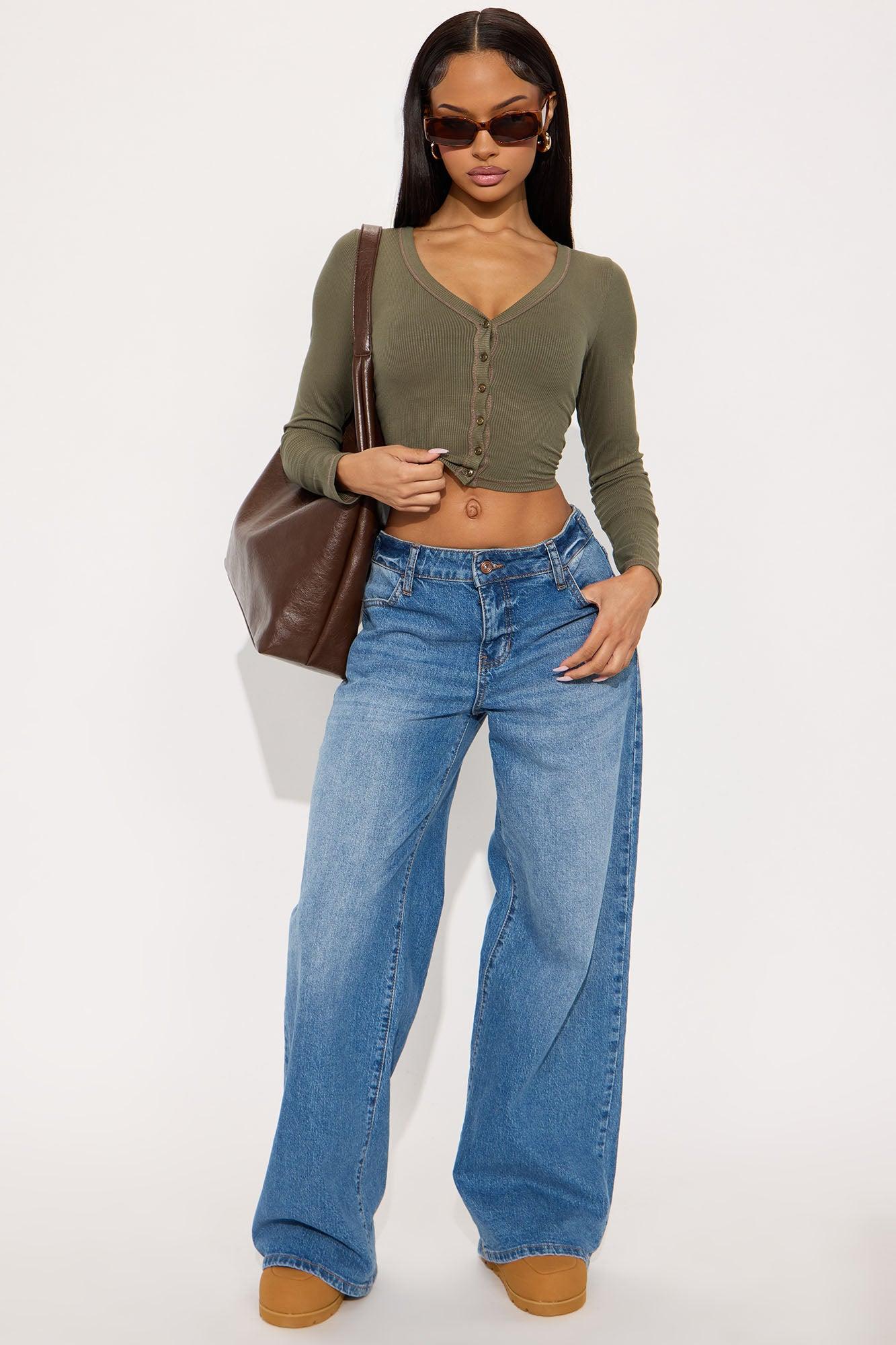 Mila Cropped Ribbed Long Sleeve Top - Olive Female Product Image