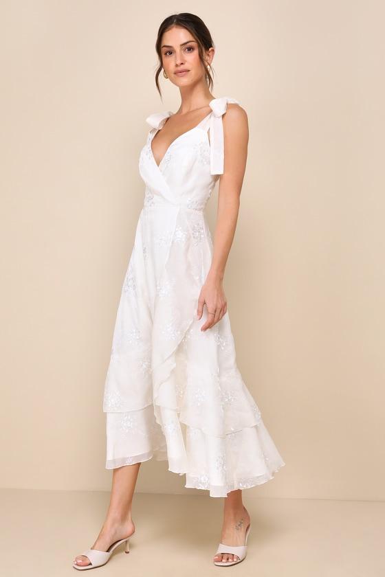 Elegant Direction Ivory Embroidered Ruffled Tie-Strap Midi Dress Product Image