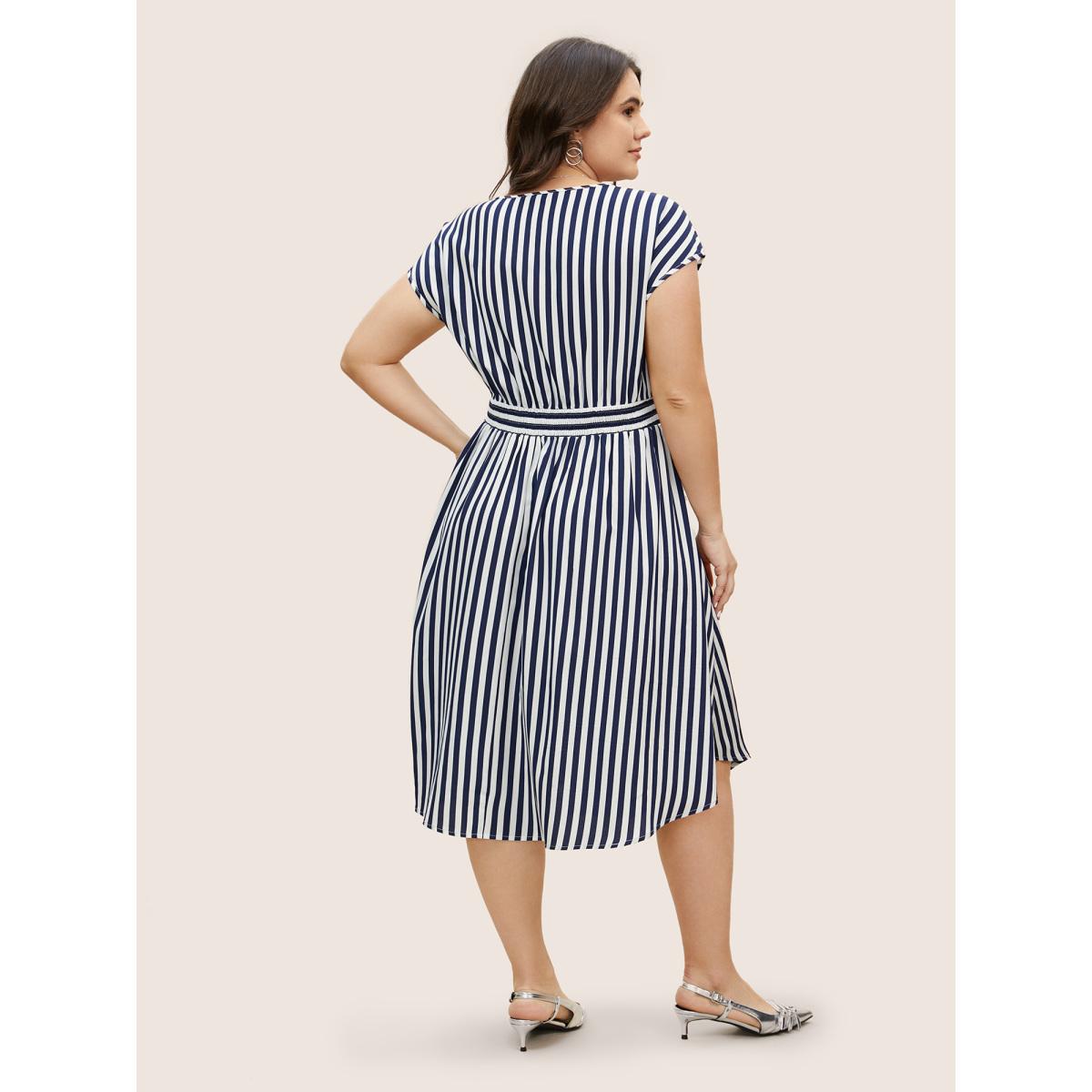 Plus Size Striped Shirred Dolman Sleeve Dress Navy Women At the Office V-neck Cap Sleeve Curvy BloomChic 22-24/3X Product Image
