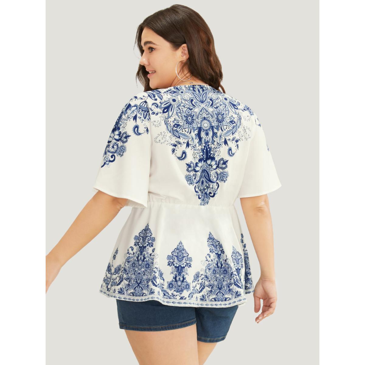Plus Size Indigo Bandana Print Ruffles Elastic Waist Blouse Women Vacation Short sleeve V-neck Dailywear Blouses BloomChic 10/M Product Image