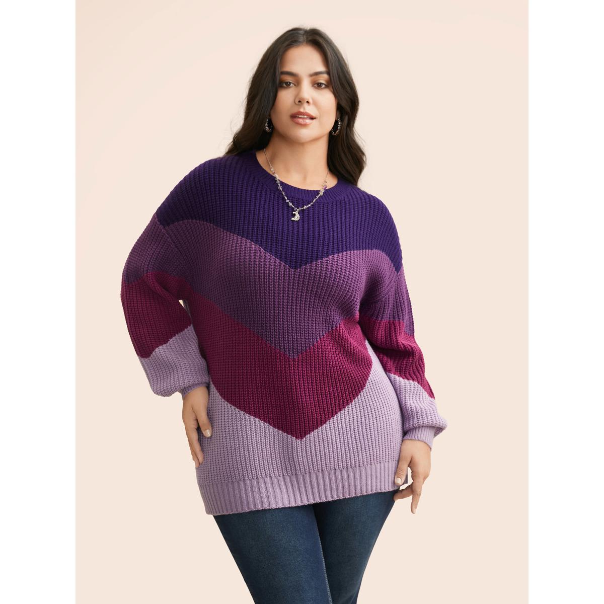 Plus Size Colorblock Contrast Drop Shoulder Sleeve Pullover Deeppurplered Women Casual Long Sleeve Round Neck Everyday Pullovers BloomChic 18-20/2X Product Image