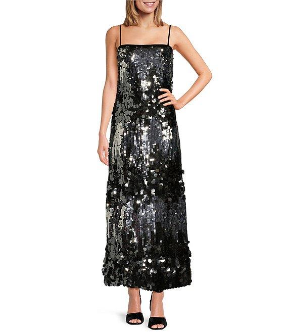 Le' AL.X Mixed Sequin Square Neck Sleeveless Spaghetti Strap Column Maxi Dress Product Image