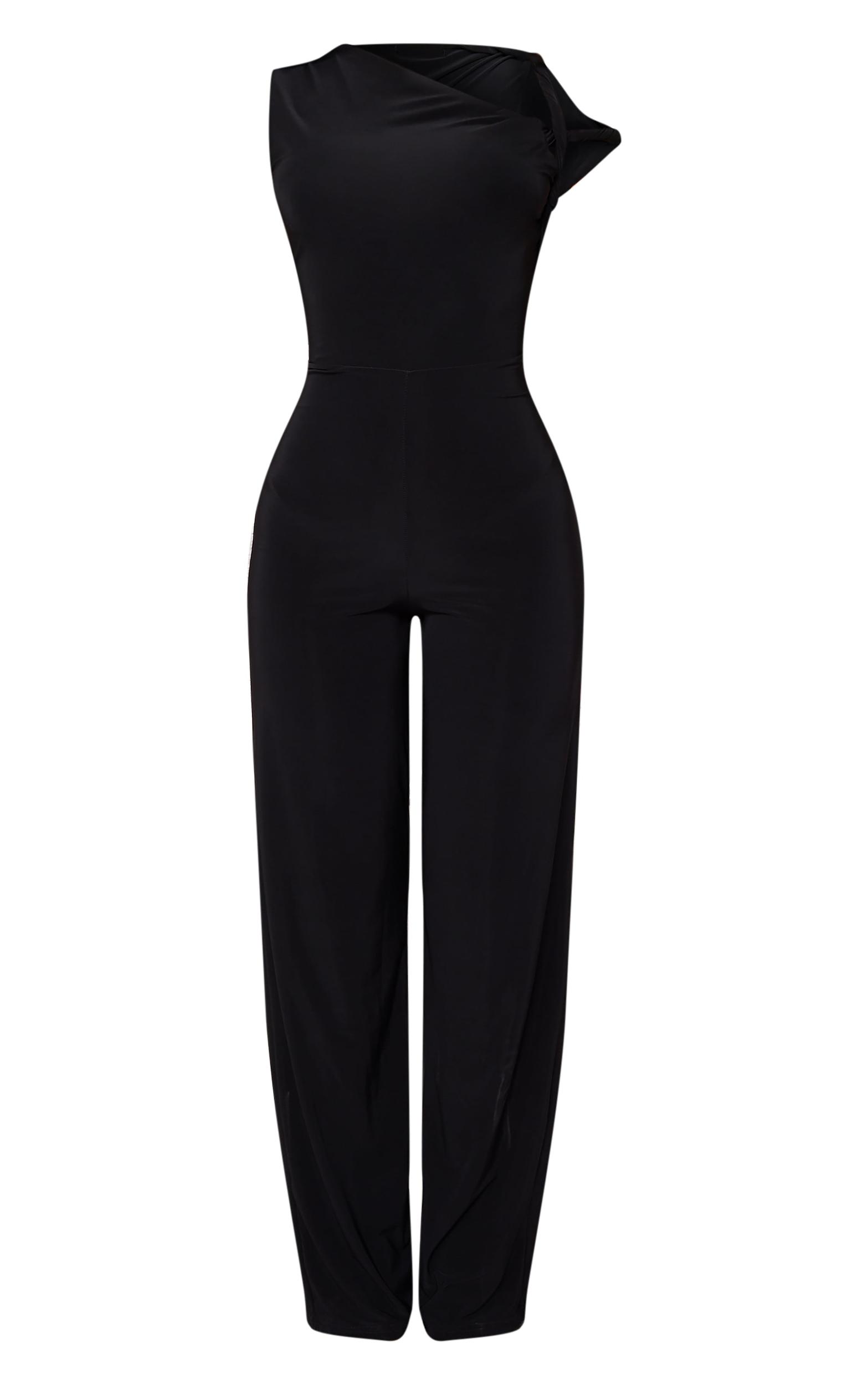 Petite Black Slinky Twist Shoulder Wide Leg Jumpsuit Product Image