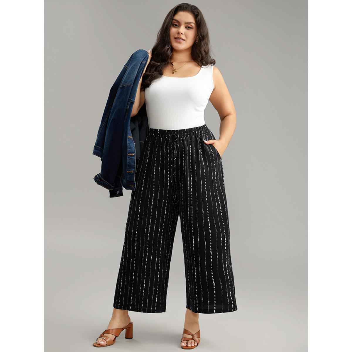 Plus Size Polka Dot Striped Ties Wide Leg Pants Women Black Vacation Wide Leg High Rise Dailywear Pants BloomChic 18-20/2X Product Image
