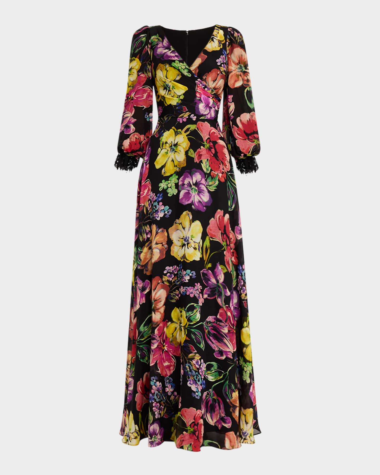 Floral-Print Surplice Silk Gown Product Image