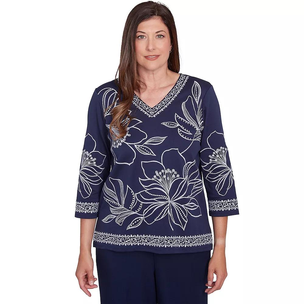 Women's Alfred Dunner Dynamic Floral Embroidered V-Neck Top, Size: Small, Blue Product Image