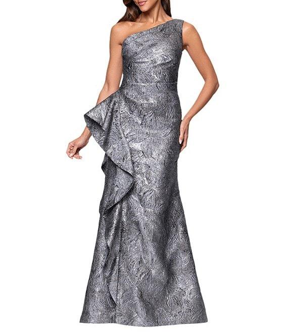 Xscape One Shoulder Metallic Jacquard Gown With Ruffle Product Image