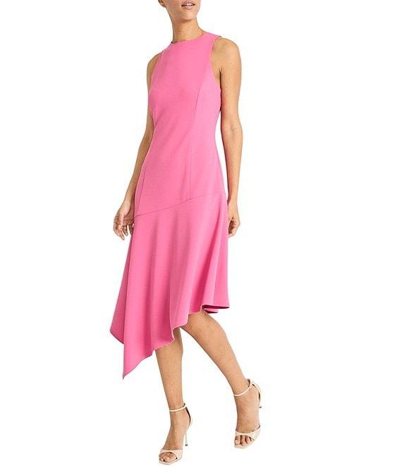 Maggy London Crew Neck Sleeveless Scuba Crepe Asymmetrical Hem Midi Dress Product Image