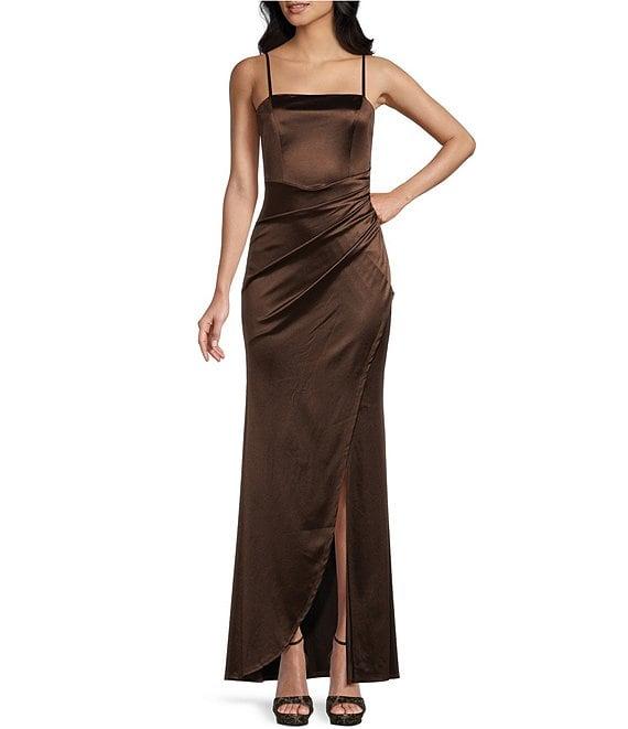 Honey and Rosie Spaghetti-Strap Square-Neck Faux-Wrap Slit Hem Stretch Satin Long Dress Product Image