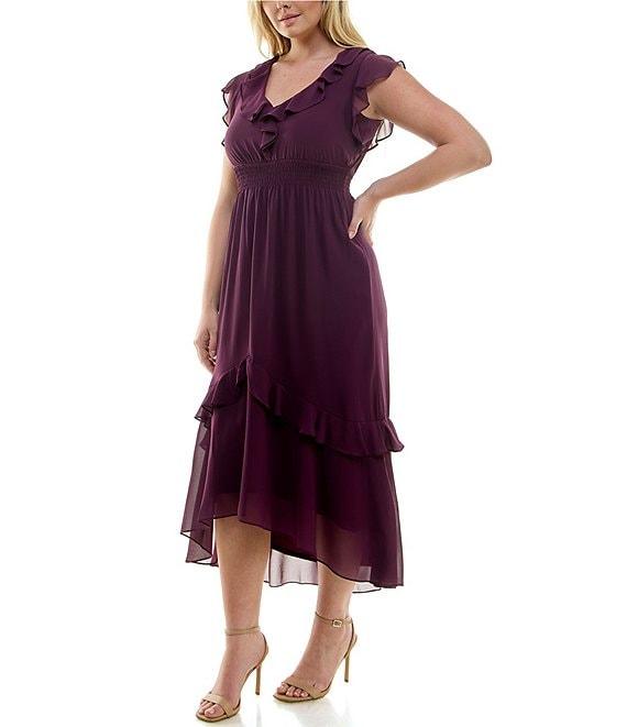 Maison Tara Plus Size Short Sleeve V-Neck Ruffle Midi Dress Product Image