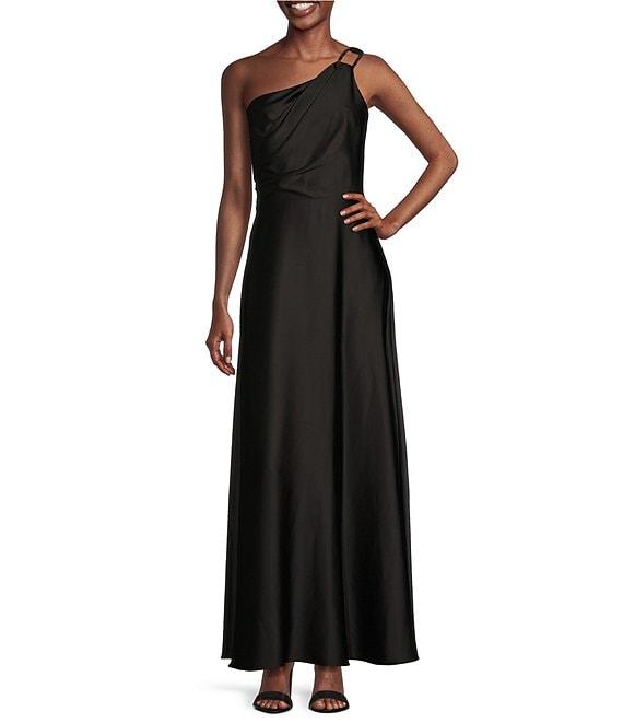 Alex Marie Camila Stretch Satin Asymmetrical One Shoulder Metal Loop Strap A-Line Maxi Dress Product Image