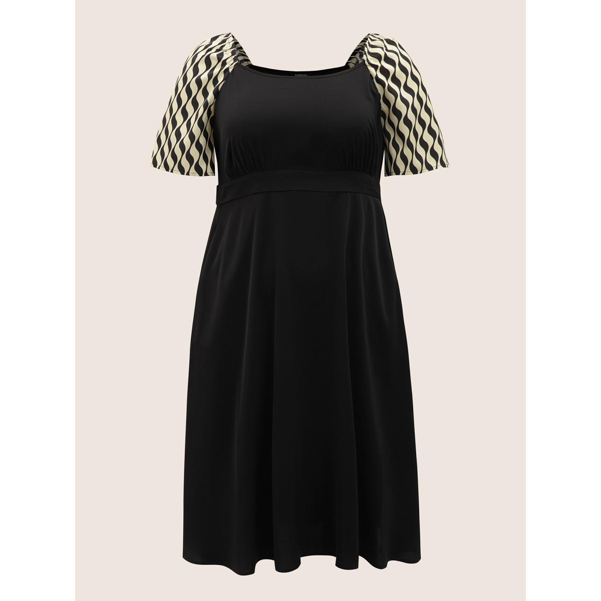 Plus Size Geometric Square Neck Raglan Sleeve Elastic Waist Dress Black Women At the Office Non Square Neck Half Sleeve Curvy Midi Dress BloomChic 12/L Product Image