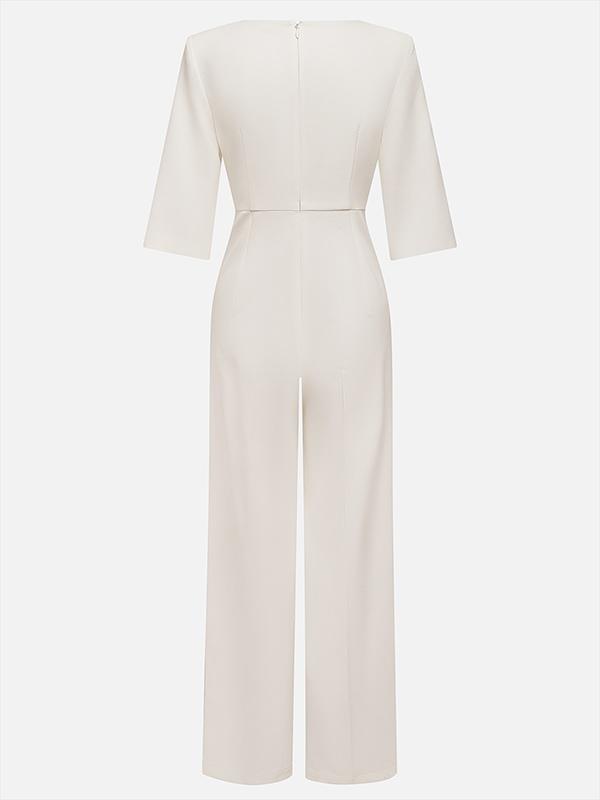 Loose Solid Color Split-Joint Round-Neck Jumpsuits Product Image