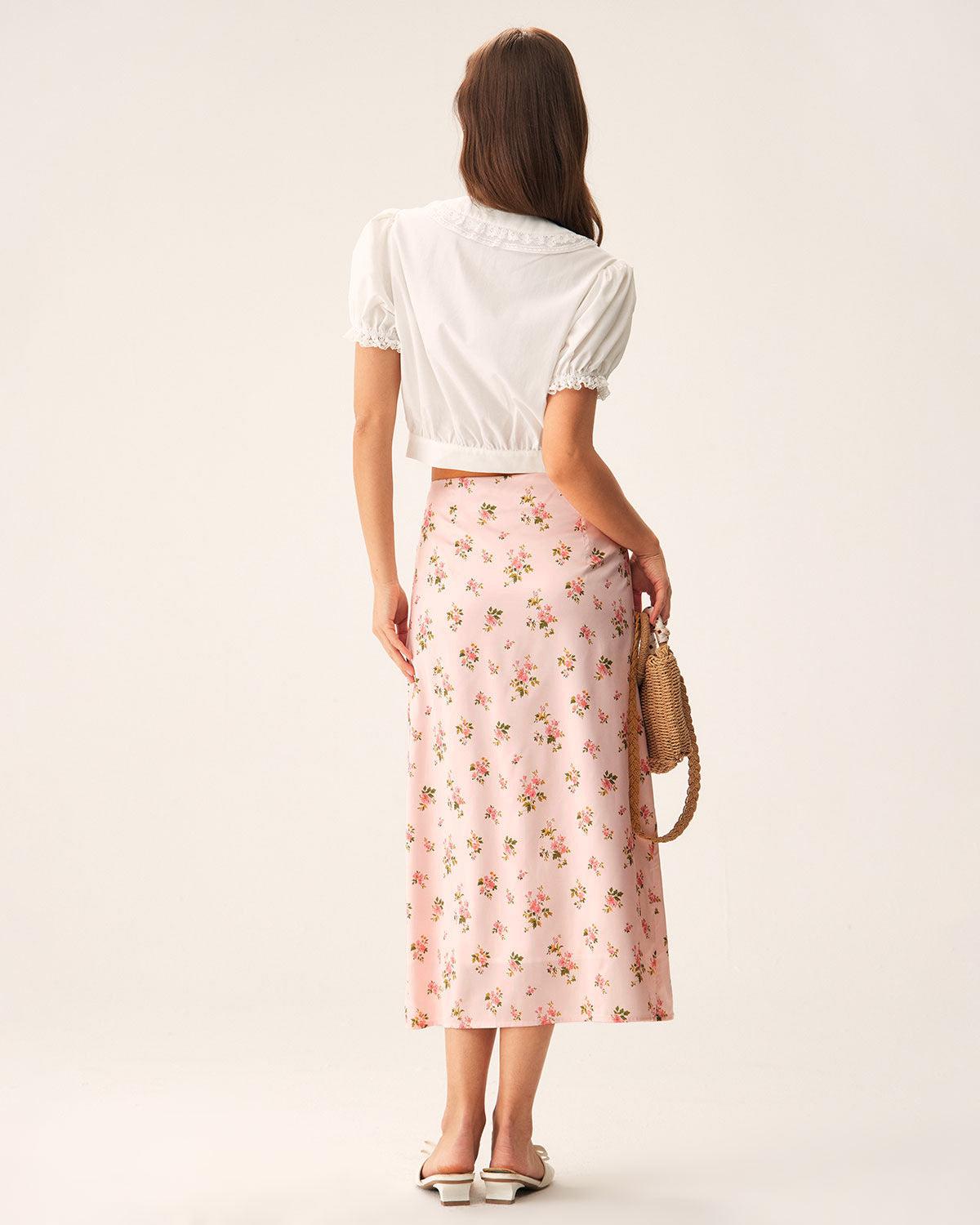 Pink Floral Satin Straight Midi Skirt Product Image