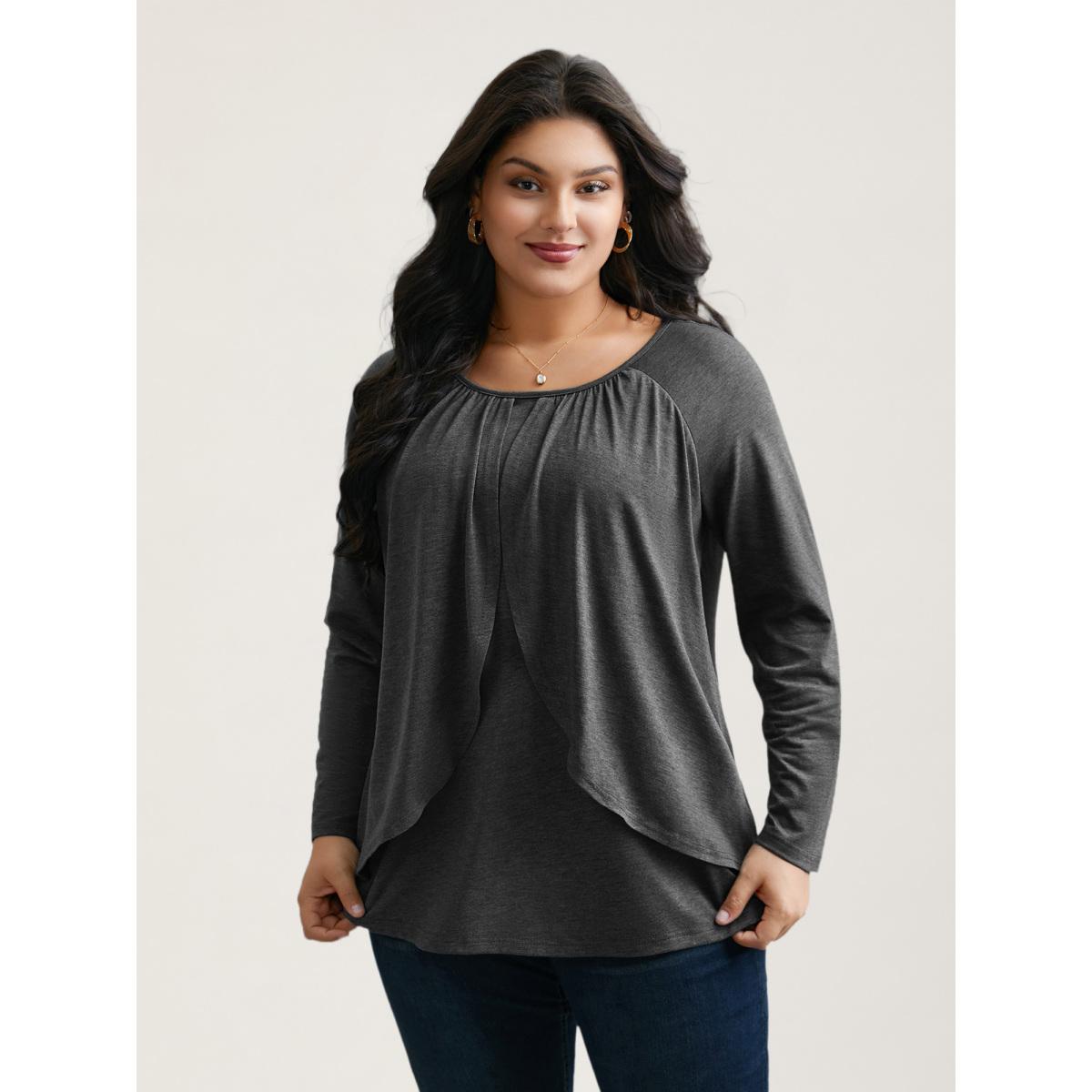 Plus Size 2-In-1 Gathered Ruffle Trim T-Shirt DarkGray Women Timeless Gathered Round Neck Elegant T-shirts BloomChic 14-16/1X Product Image
