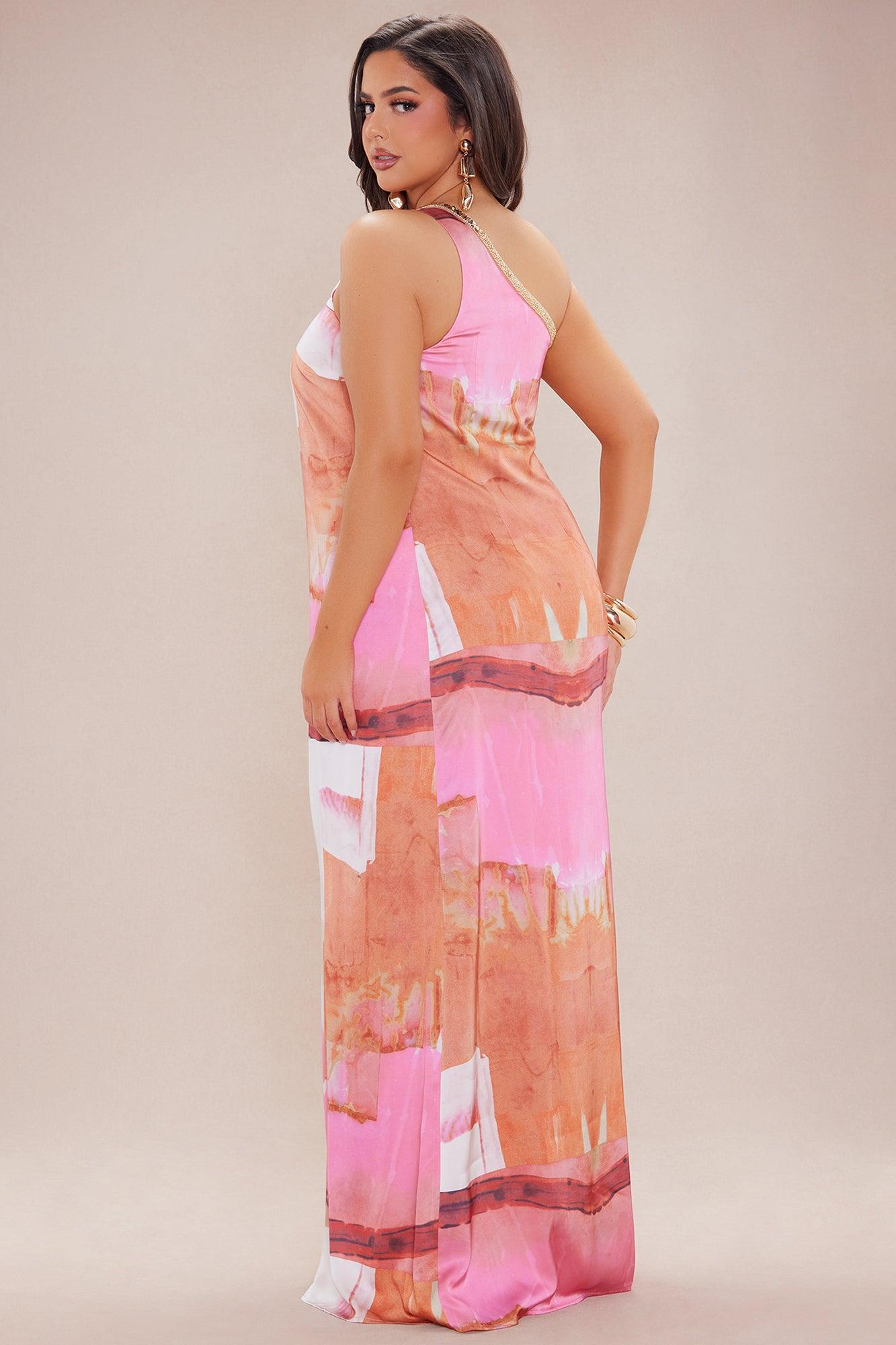 Sabina One Shoulder Satin Maxi Dress - Pink/combo Product Image