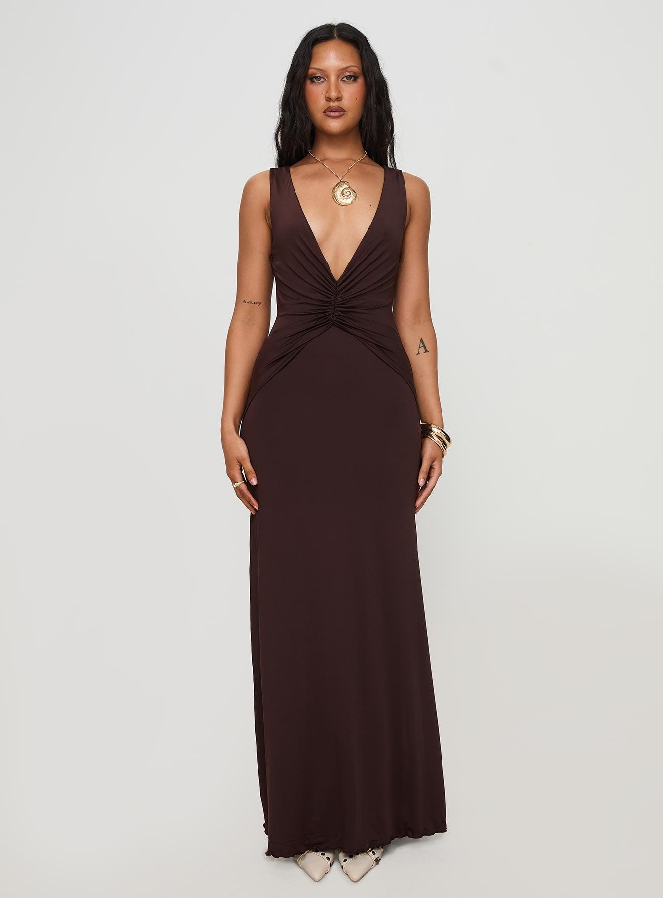 Frederica Plunge Maxi Dress Chocolate Product Image