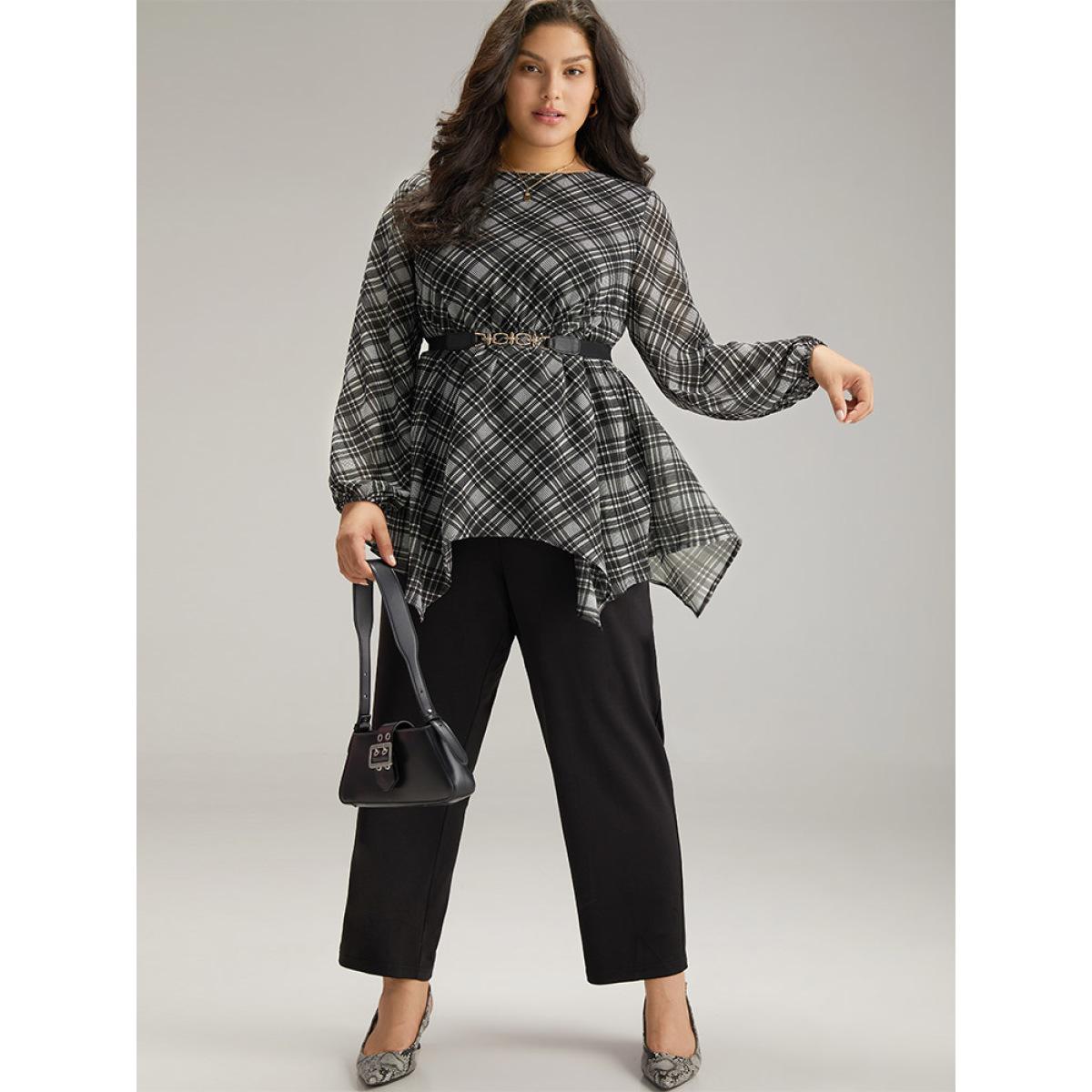 Plus Size Black Plaid Chiffon Lantern Sleeve Hanky Hem Blouse Women Office Long Sleeve Round Neck Office Blouses BloomChic 26/4X Product Image