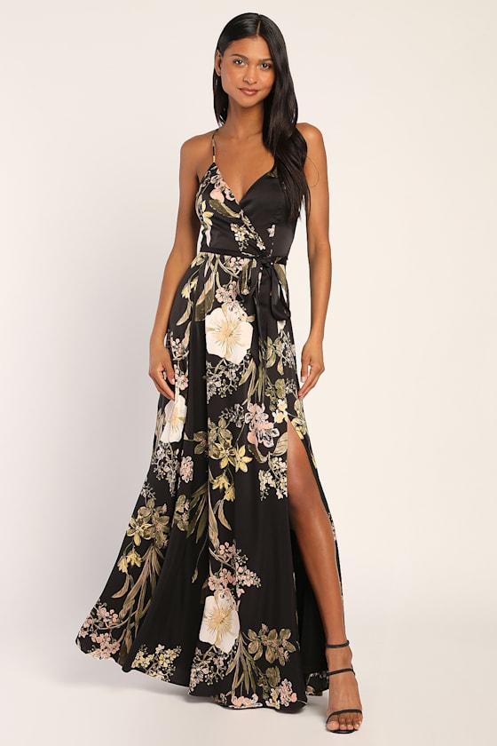 Still the One Black Floral Print Satin Maxi Dress Product Image